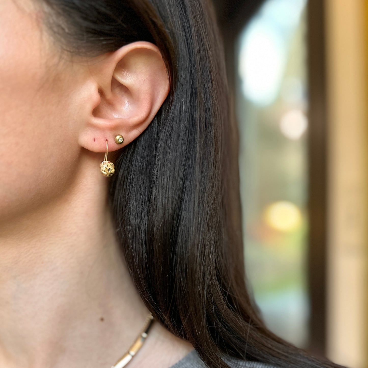 14KT Yellow Gold Satin Diamond-Cut 8mm Ball Dangle Wire Earrings