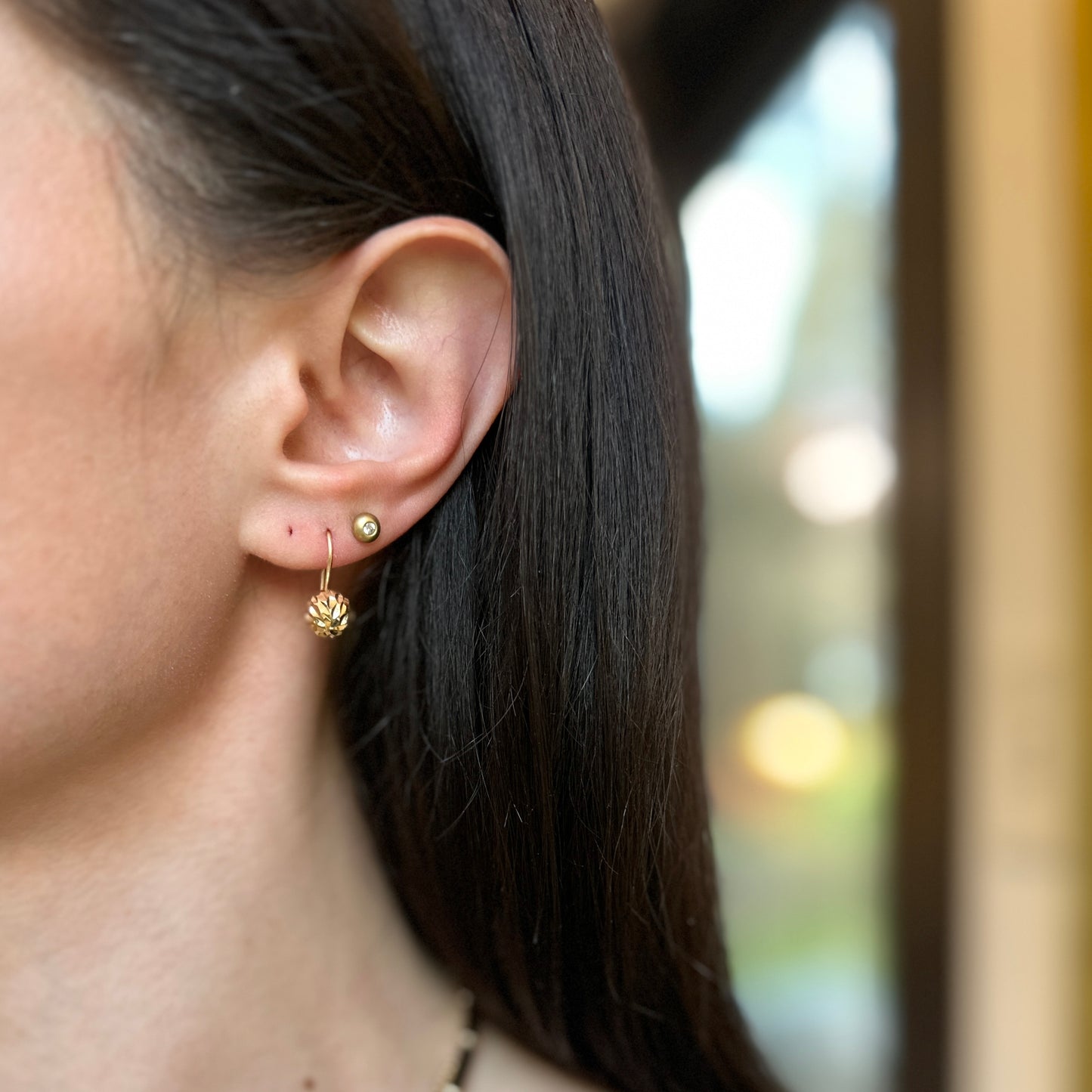 14KT Yellow Gold Diamond-Cut 8mm Ball Dangle Wire Earrings