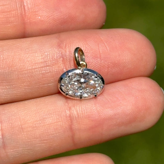 14KT Yellow Gold Oval 2 CT Lab Diamond Georgian White Rhodium Pendant - LSJ