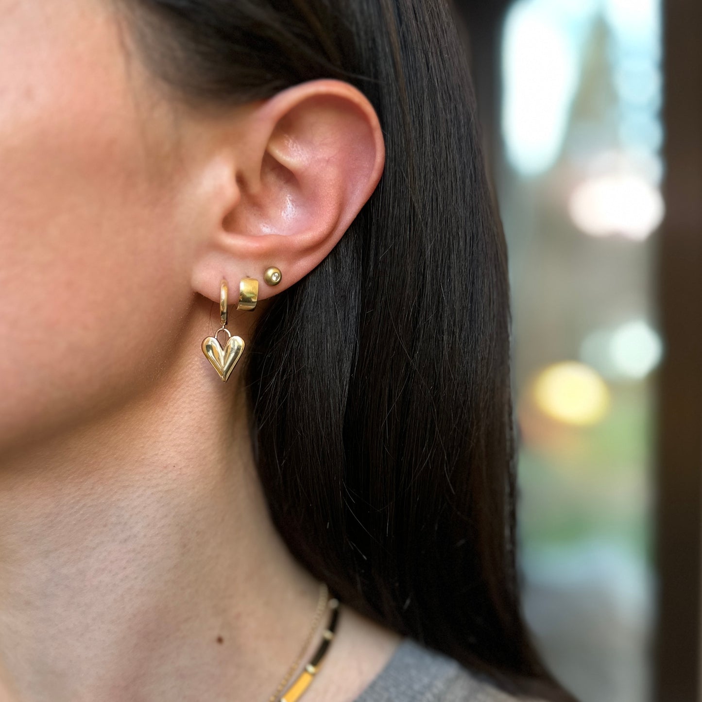 14KT Yellow Gold Heart Charm Huggie Hoop Earrings 25mm