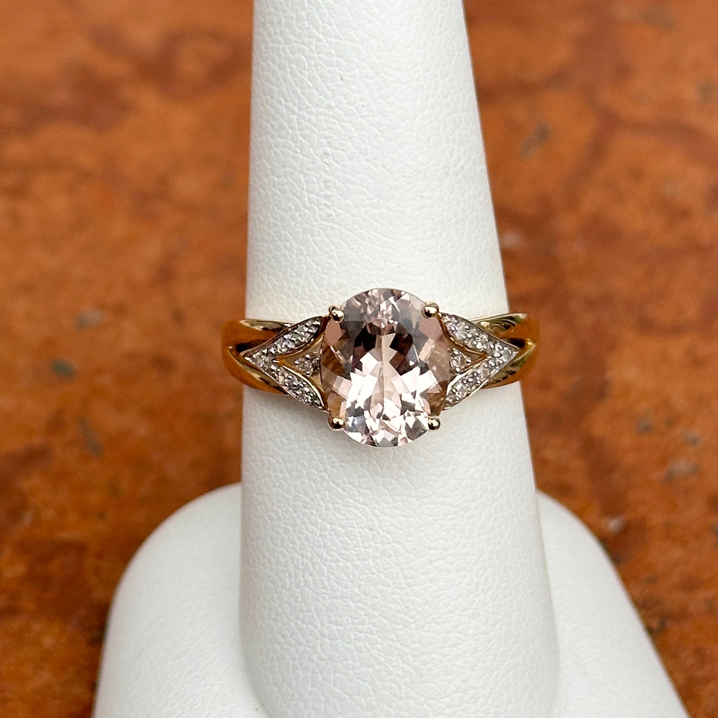 SOLDEstate 14KT Yellow Gold Oval Morganite + Pave Diamond Ring