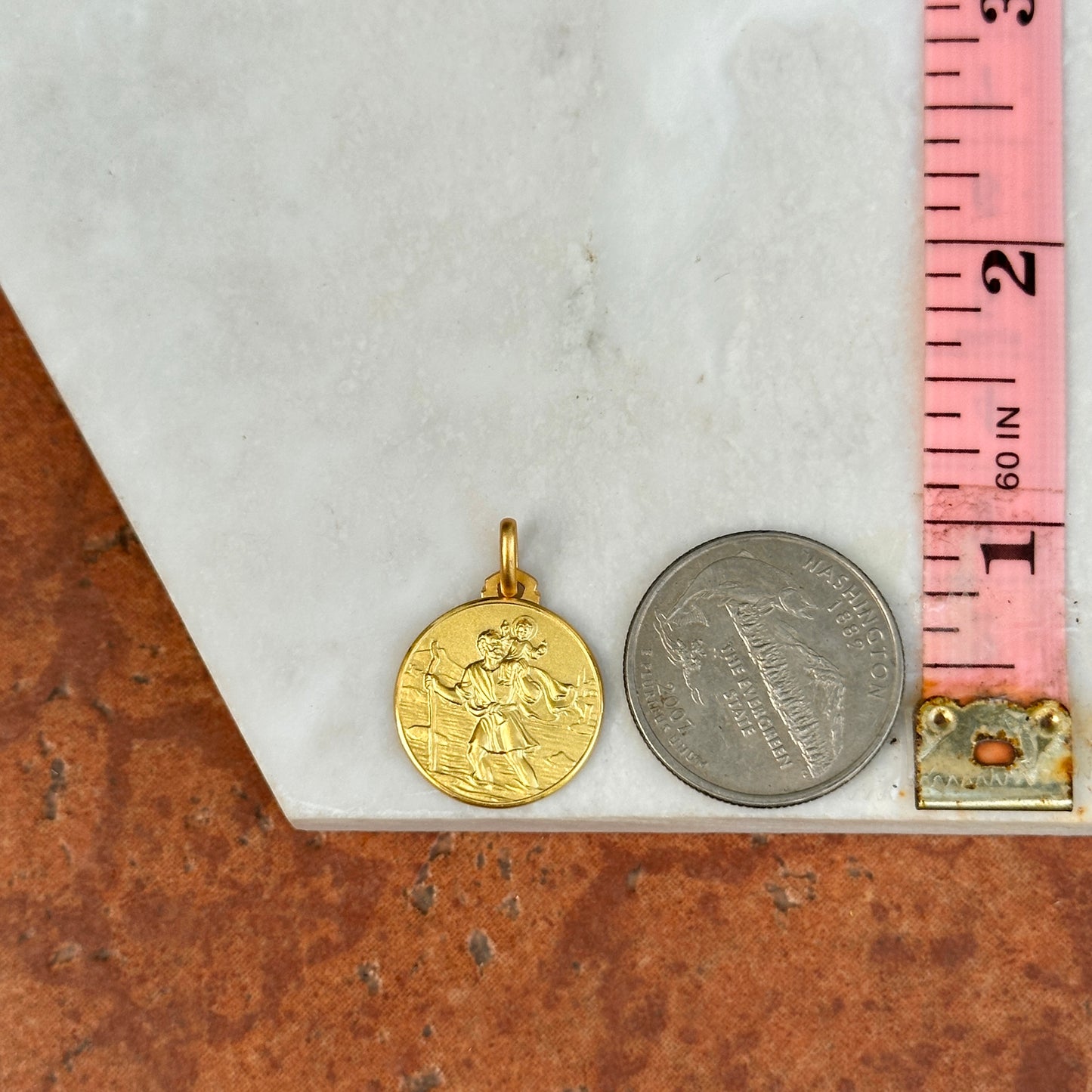 14KT Yellow Gold Matte St Christopher Round Medal Pendant 18mm