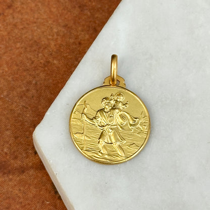 14KT Yellow Gold Matte St Christopher Round Medal Pendant 18mm