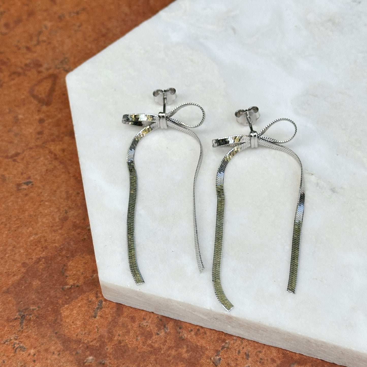 Sterling Silver Snake Chain Bow Long Dangle Post Earrings