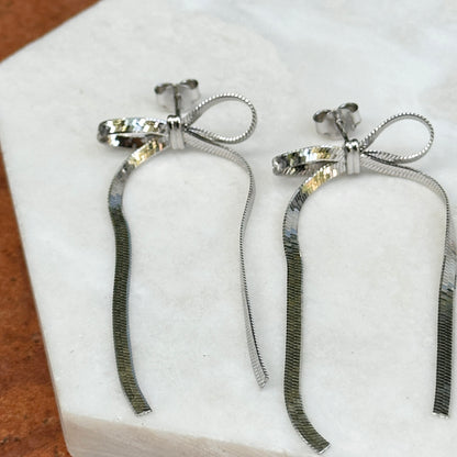 Sterling Silver Snake Chain Bow Long Dangle Post Earrings