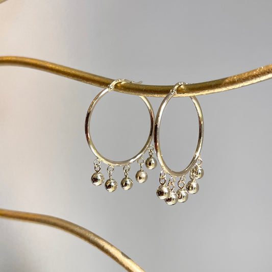 14KT Yellow Gold Ball Dangles Round Hoop Earrings 25mm