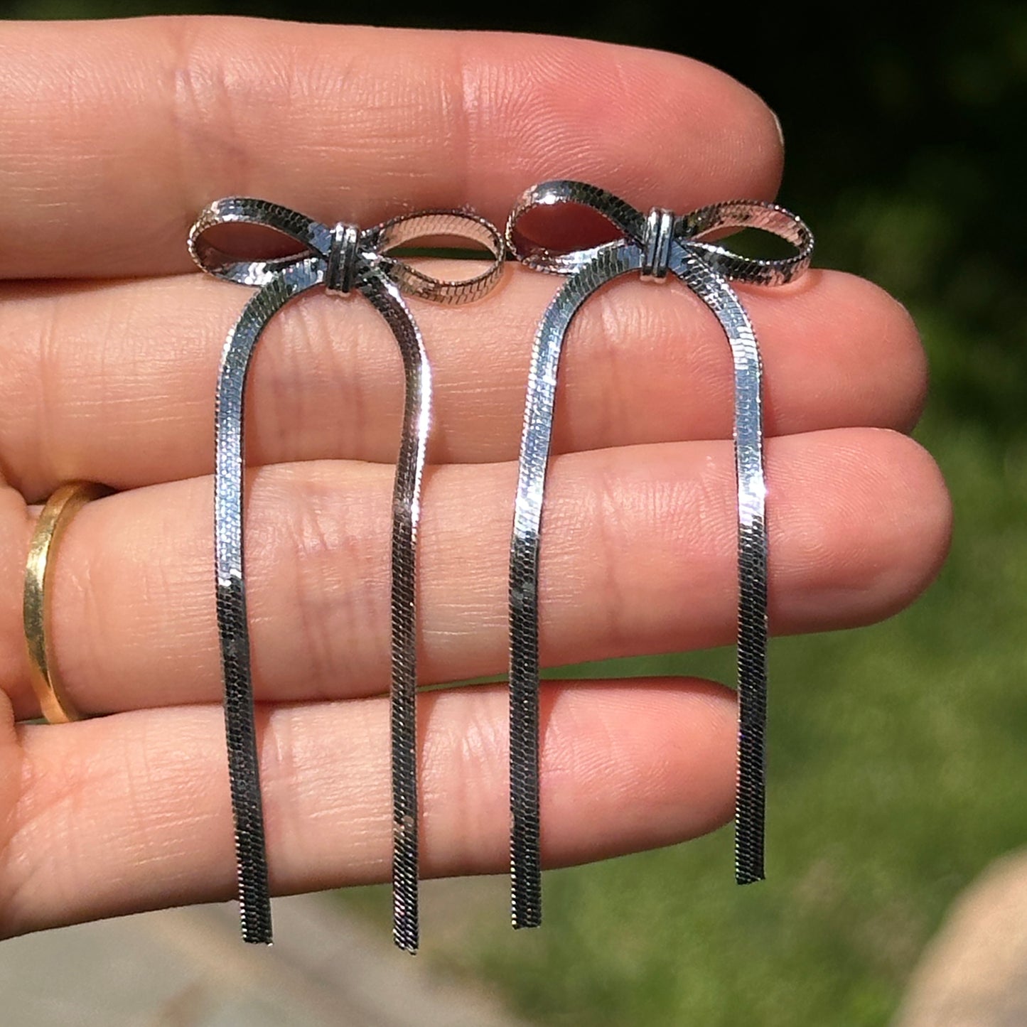Sterling Silver Snake Chain Bow Long Dangle Post Earrings