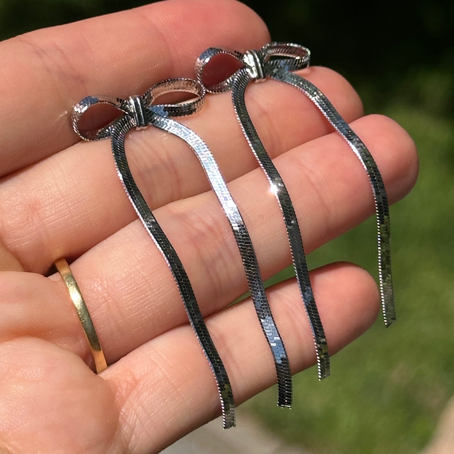 Sterling Silver Snake Chain Bow Long Dangle Post Earrings