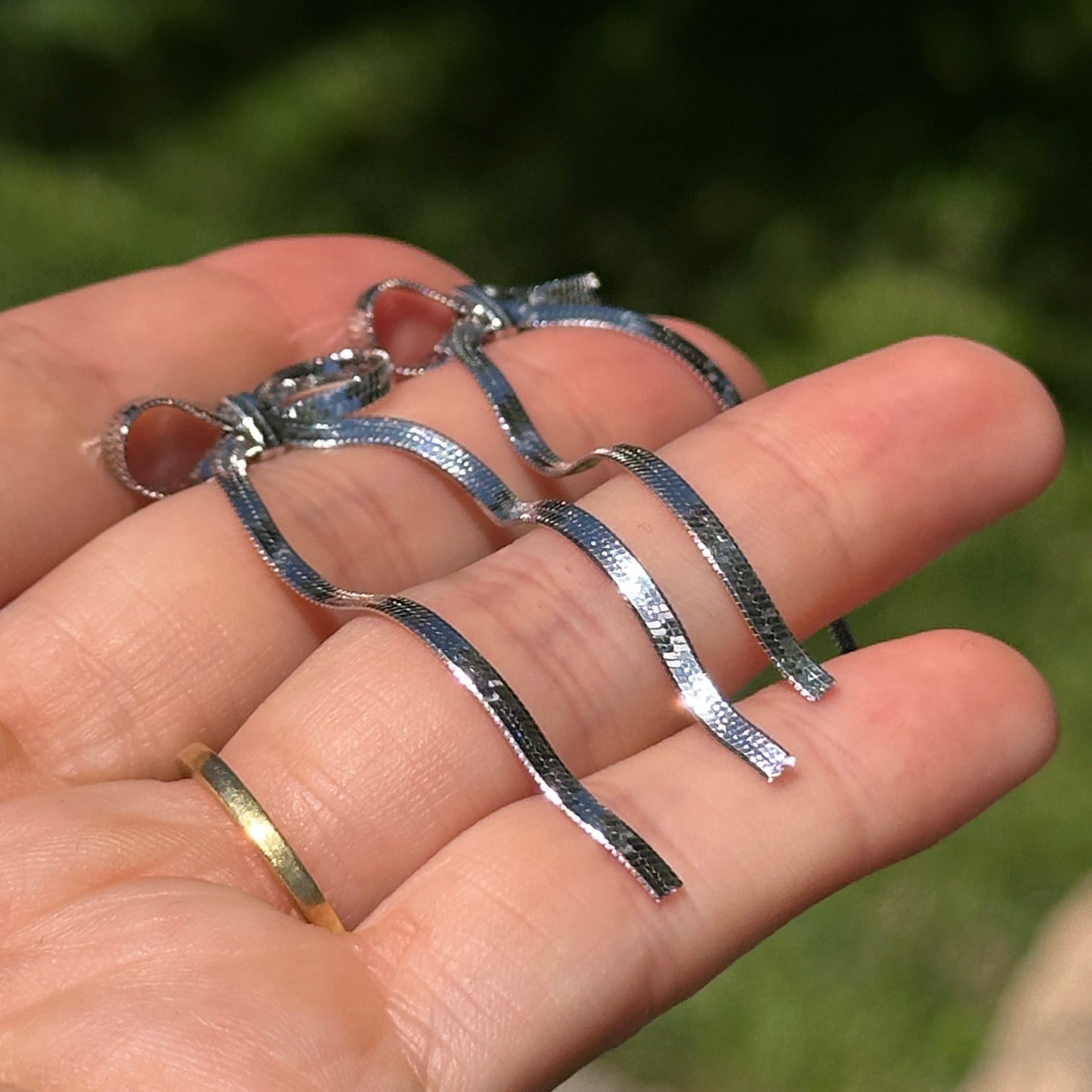 Sterling Silver Snake Chain Bow Long Dangle Post Earrings