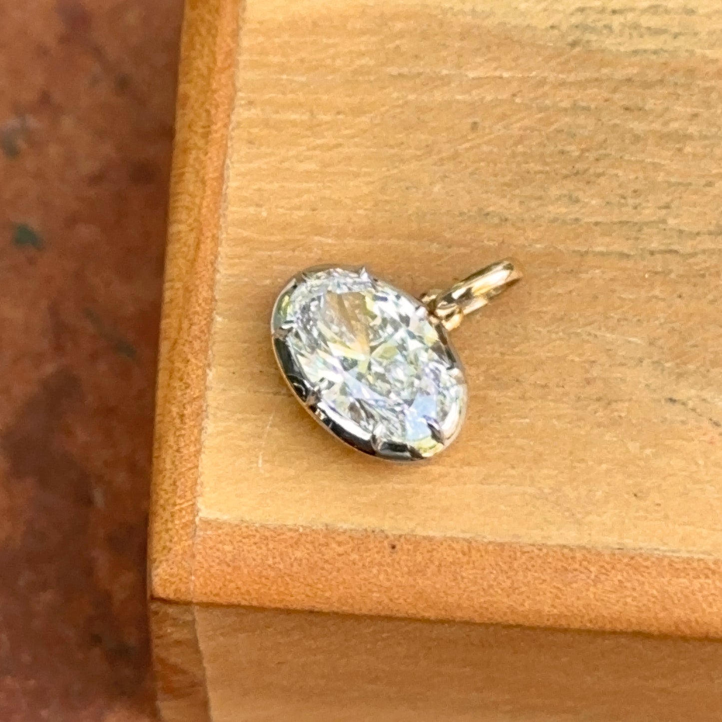14KT Yellow Gold Oval 2 CT Lab Diamond Georgian White Rhodium Pendant - LSJ