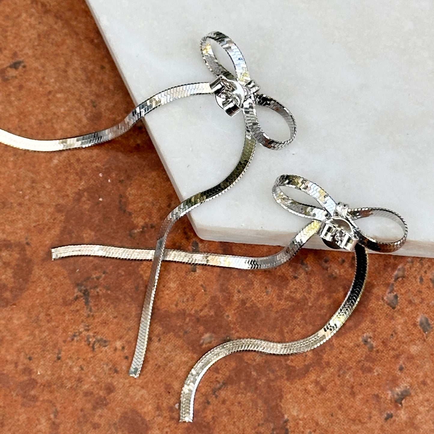 Sterling Silver Snake Chain Bow Long Dangle Post Earrings