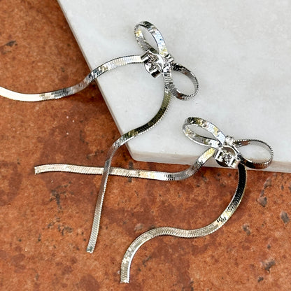 Sterling Silver Snake Chain Bow Long Dangle Post Earrings