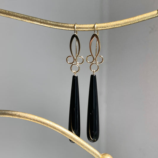 14KT Yellow Gold Teardrop Black Onyx Scroll Earrings