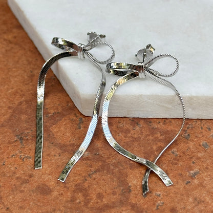 Sterling Silver Snake Chain Bow Long Dangle Post Earrings