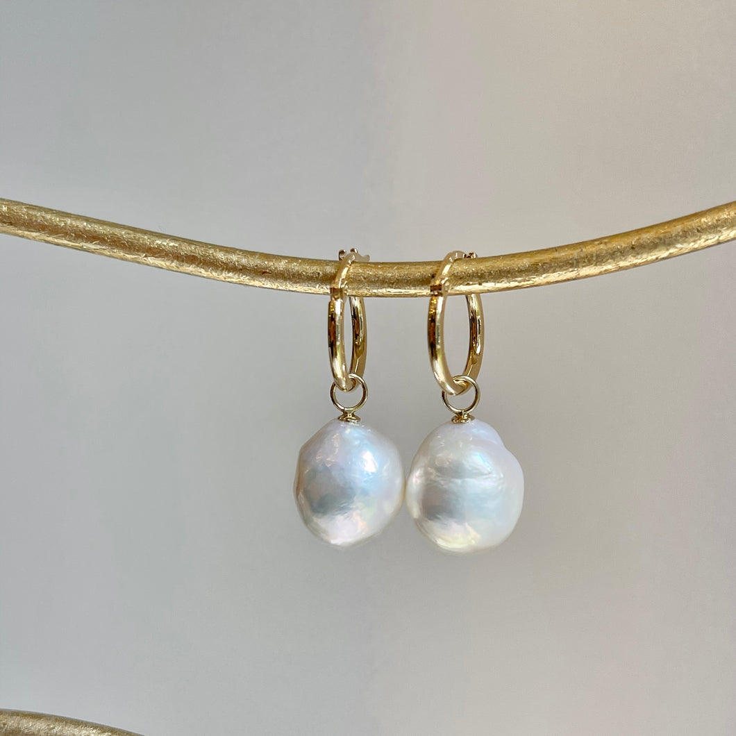 14KT Yellow Gold Baroque White Pearl Charm Hoop Earrings