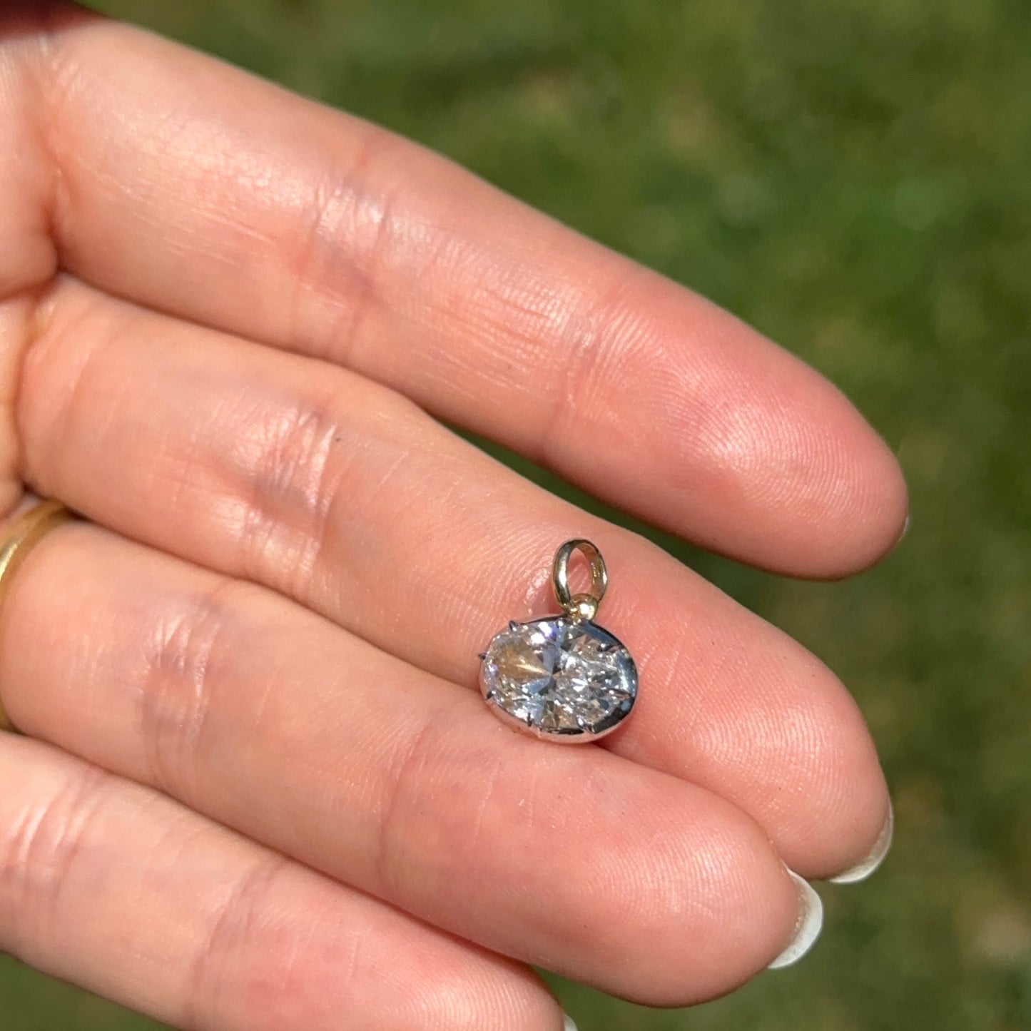14KT Yellow Gold Oval 2 CT Lab Diamond Georgian White Rhodium Pendant - LSJ