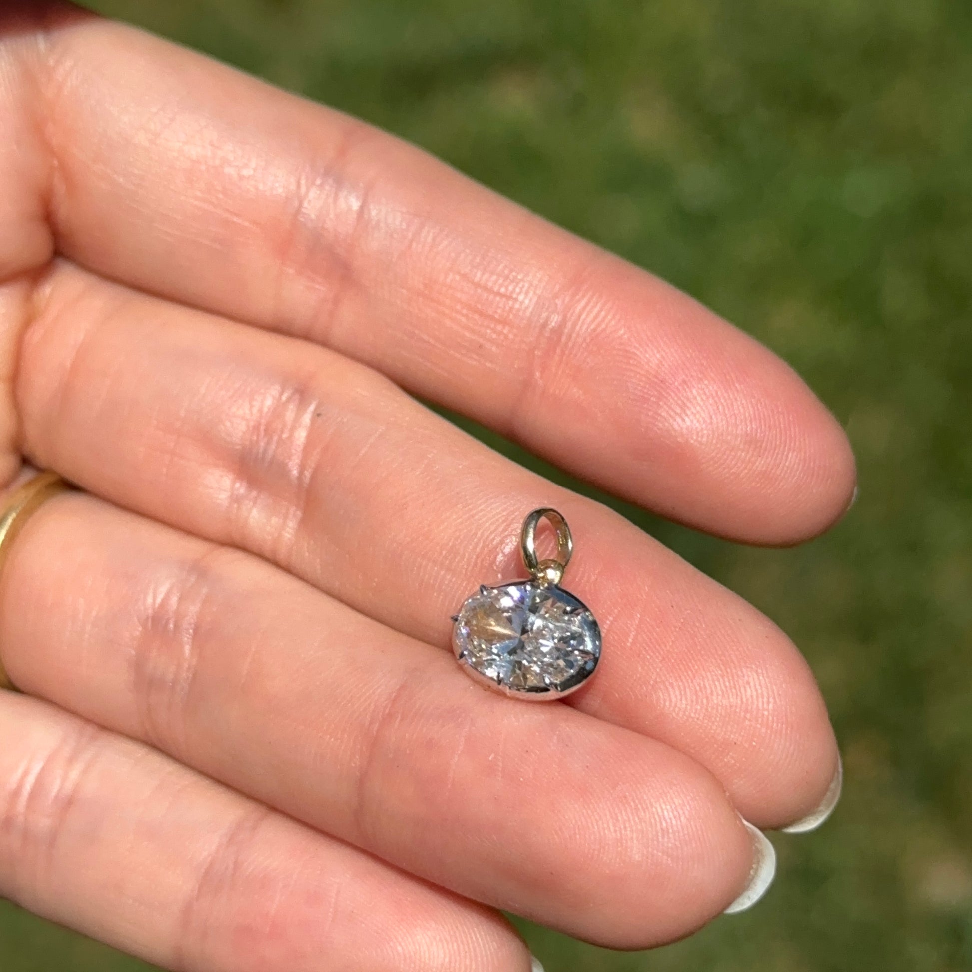 14KT Yellow Gold Oval 2 CT Lab Diamond Georgian White Rhodium Pendant - LSJ