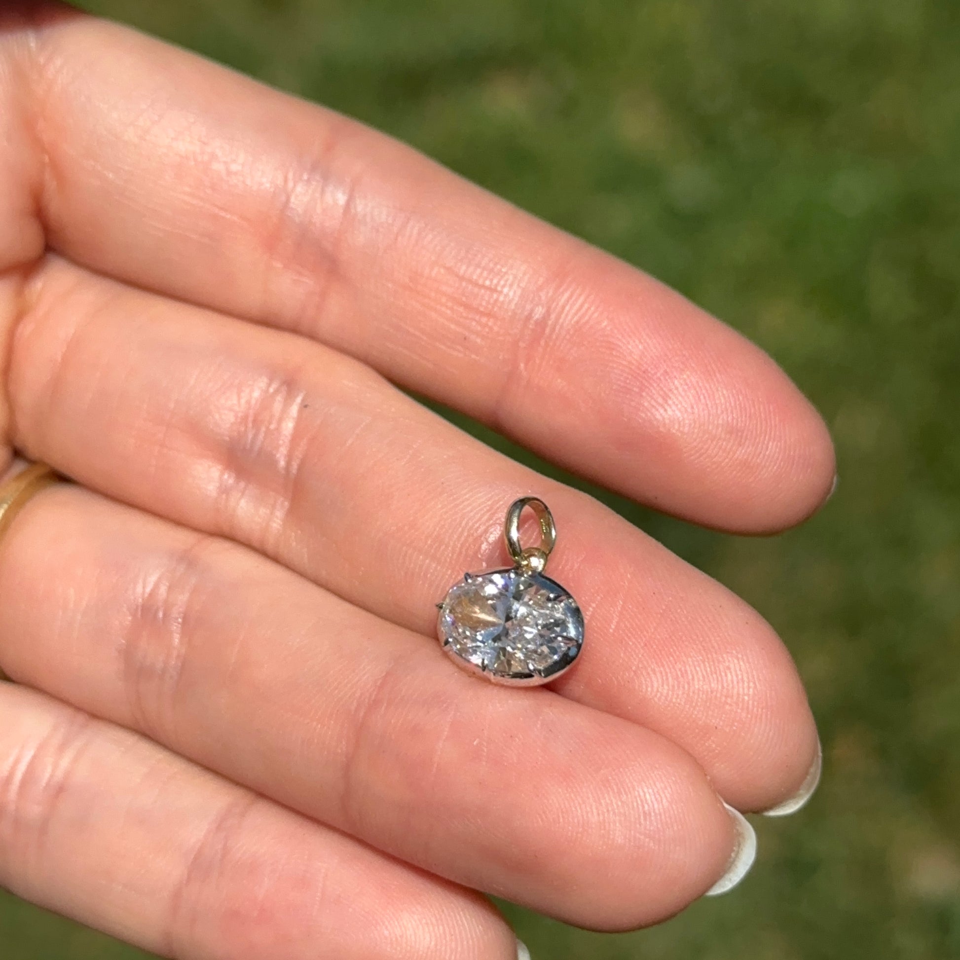 14KT Yellow Gold Oval 2 CT Lab Diamond Georgian White Rhodium Pendant - LSJ