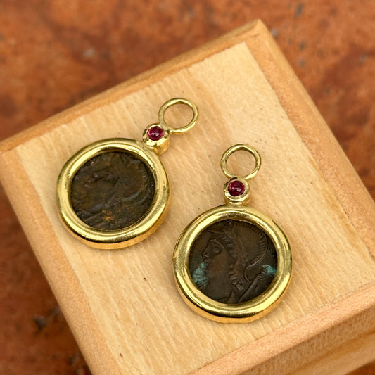 Estate 18KT Yellow Gold Ruby + Roman Coin Earring Charms