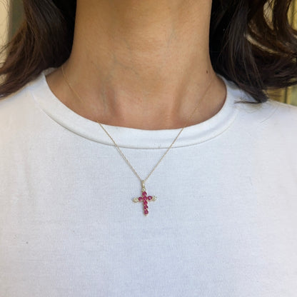 14KT Yellow Gold Red Ruby + Diamond Cross Pendant Chain Necklace