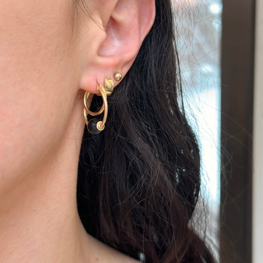 Estate 10KT Yellow Gold Onyx Ball Hoop Earrings