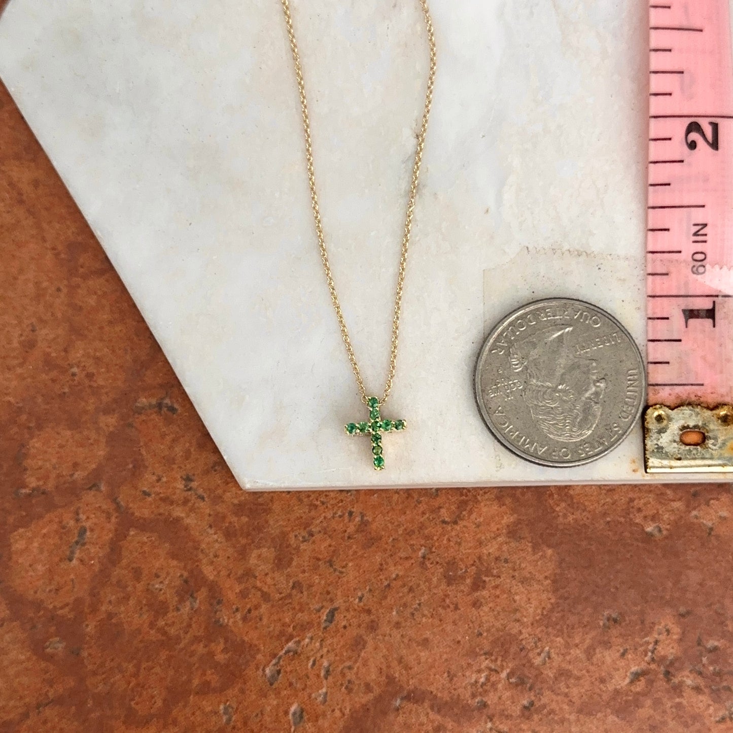 10KT Yellow Gold Emerald + Diamond Cross Pendant Chain Necklace 17"