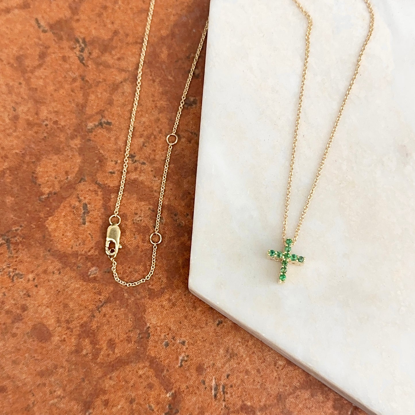 10KT Yellow Gold Emerald + Diamond Cross Pendant Chain Necklace 17"