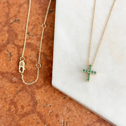 10KT Yellow Gold Emerald + Diamond Cross Pendant Chain Necklace 17"