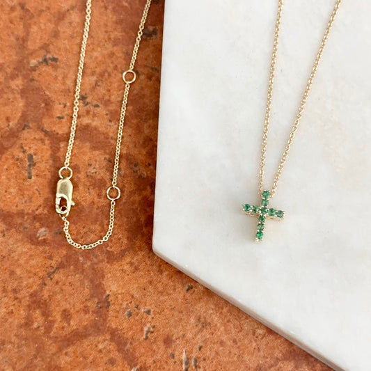 10KT Yellow Gold Emerald + Diamond Cross Pendant Chain Necklace 17"