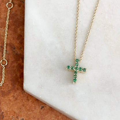 10KT Yellow Gold Emerald + Diamond Cross Pendant Chain Necklace 17"
