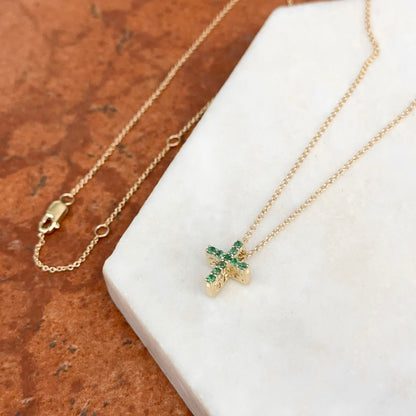 10KT Yellow Gold Emerald + Diamond Cross Pendant Chain Necklace 17"