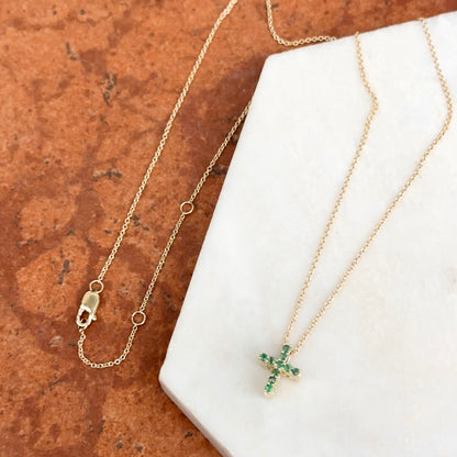 10KT Yellow Gold Emerald + Diamond Cross Pendant Chain Necklace 17"