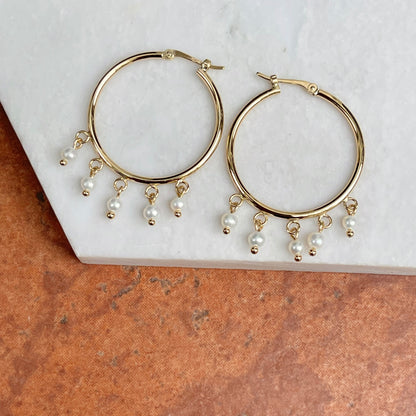 14KT Yellow Gold White Pearl Dangles Hoop Earrings