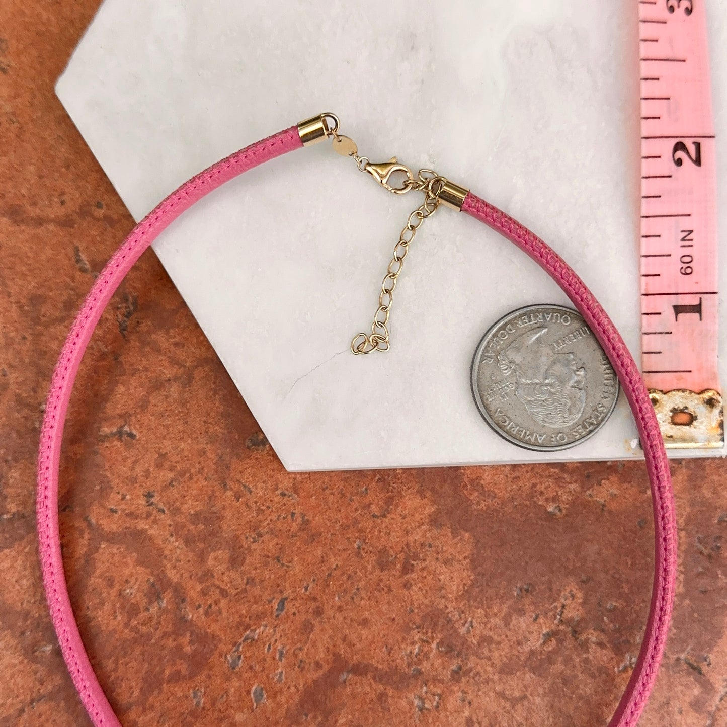 14KT Yellow Gold 3mm Dusty Pink Leather Cord Necklace