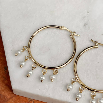 14KT Yellow Gold White Pearl Dangles Hoop Earrings