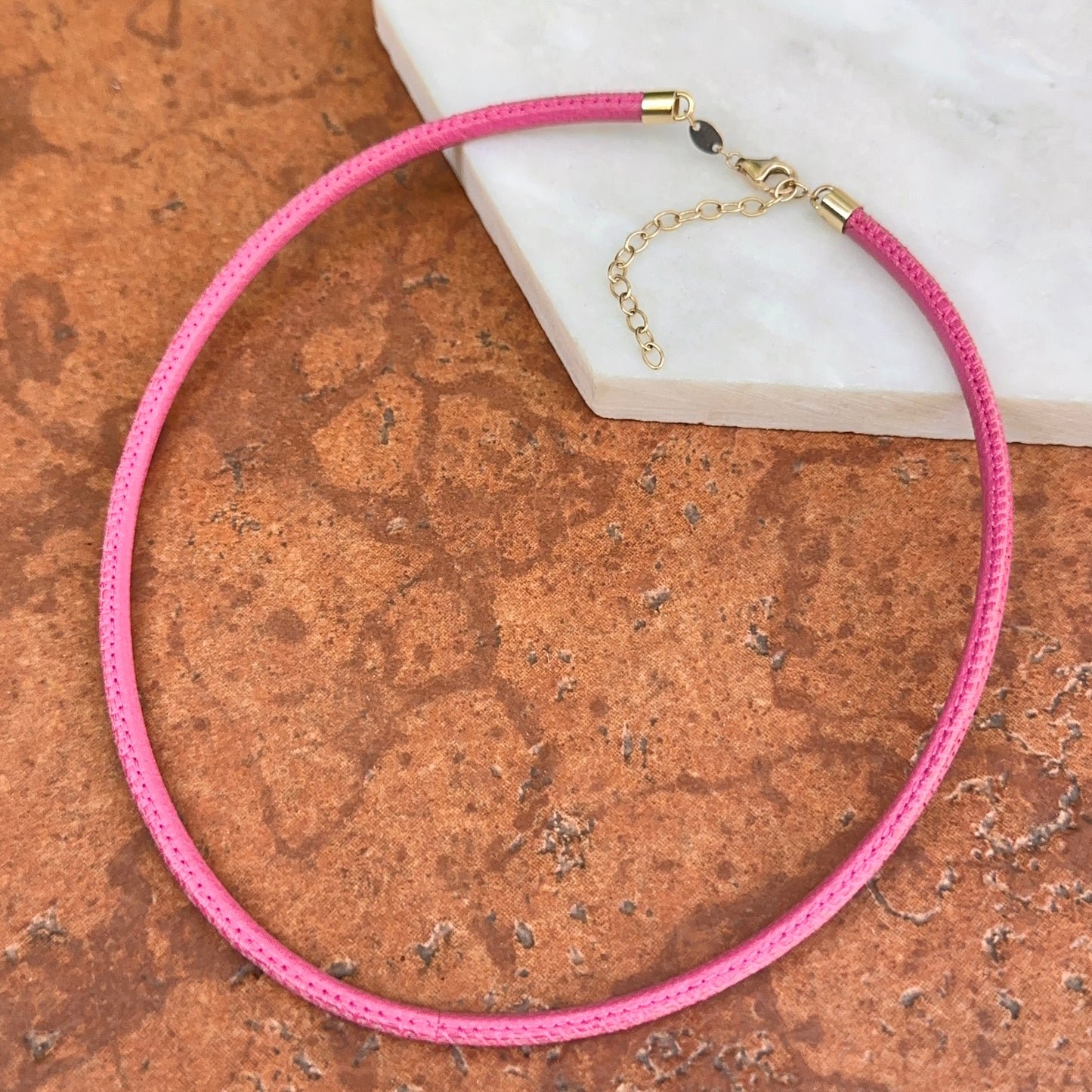 14KT Yellow Gold 3mm Dusty Pink Leather Cord Necklace