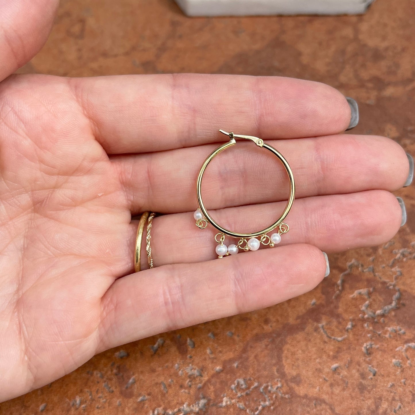 14KT Yellow Gold White Pearl Dangles Hoop Earrings