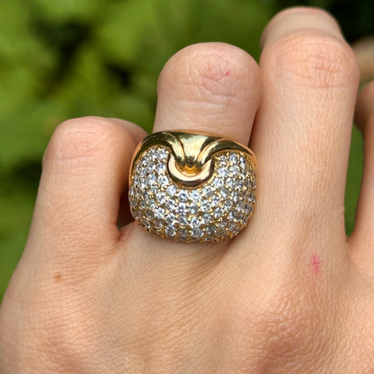 Estate 18KT Yellow Gold & Pave Diamond Cigar Band Dome Ring