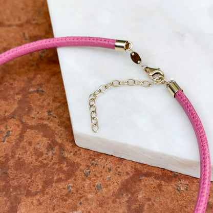 14KT Yellow Gold 3mm Dusty Pink Leather Cord Necklace