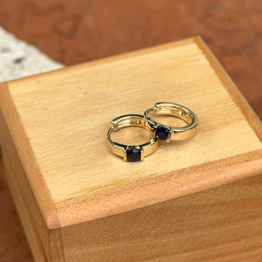 10KT Yellow Gold Round Blue Sapphire Huggie Hoop Earrings