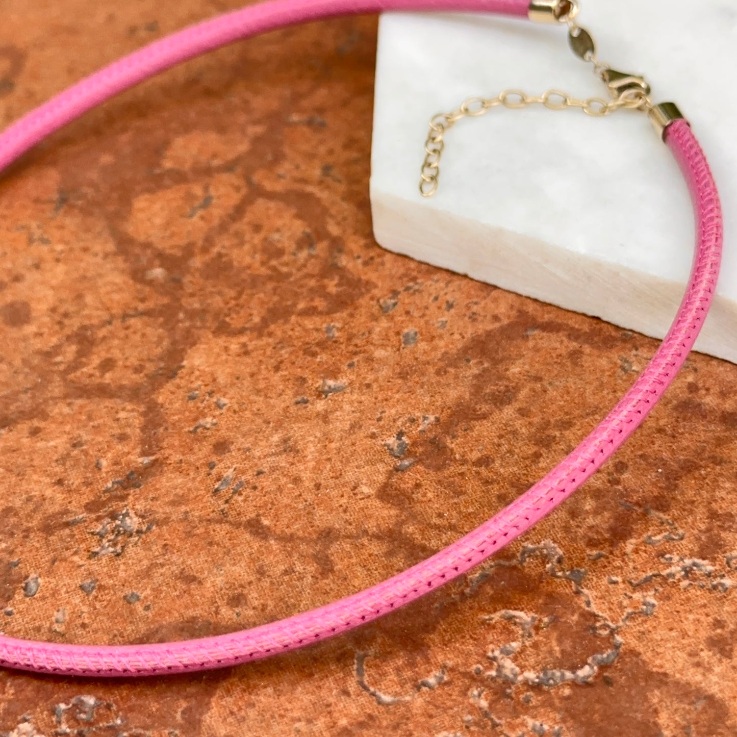 14KT Yellow Gold 3mm Dusty Pink Leather Cord Necklace