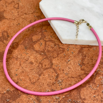 14KT Yellow Gold 3mm Dusty Pink Leather Cord Necklace