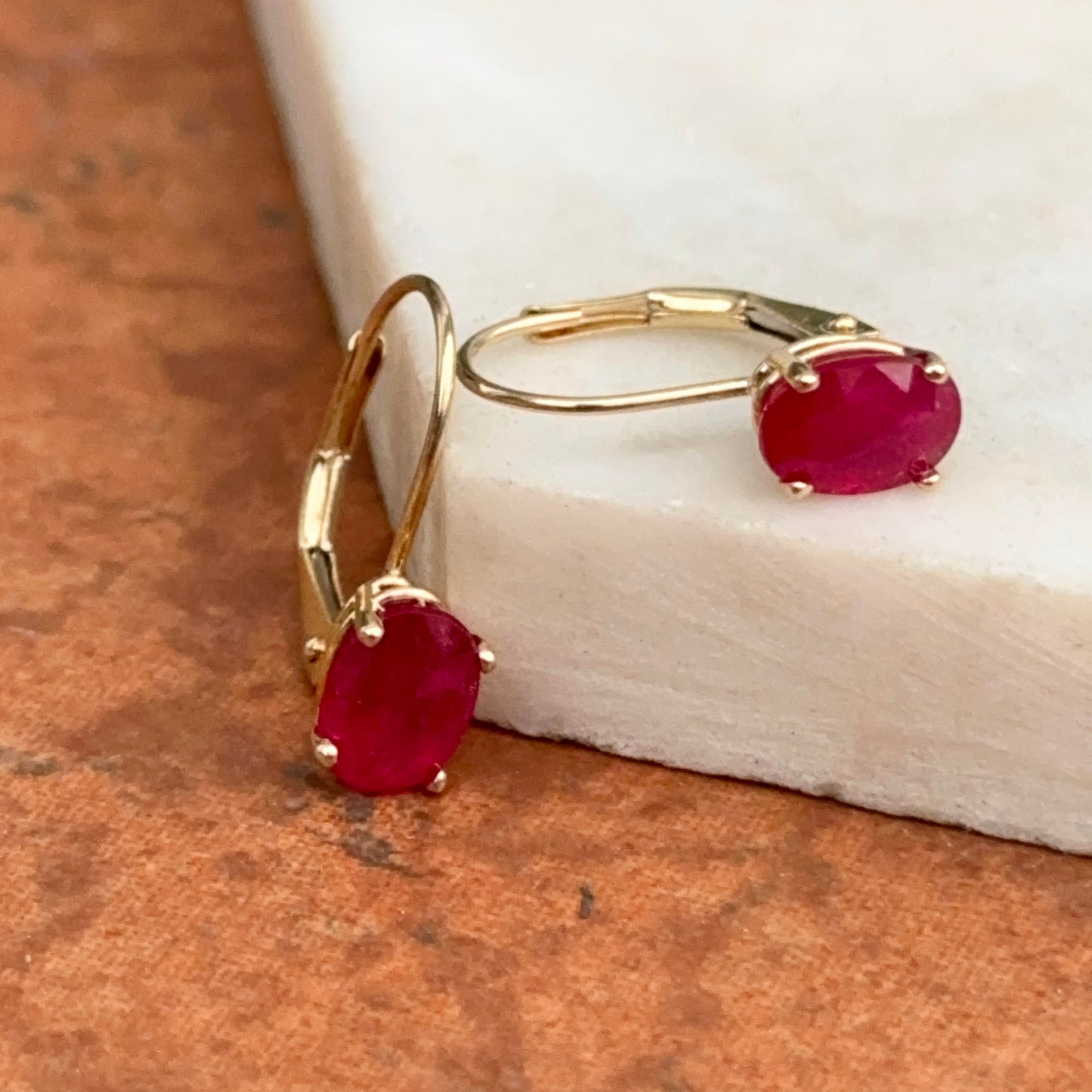 14KT Yellow Gold Faceted Oval Ruby Leverback Earrings