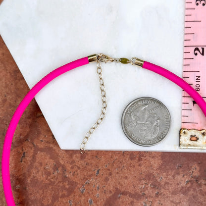 14KT Yellow Gold 3mm Hot Pink Leather Cord Necklace
