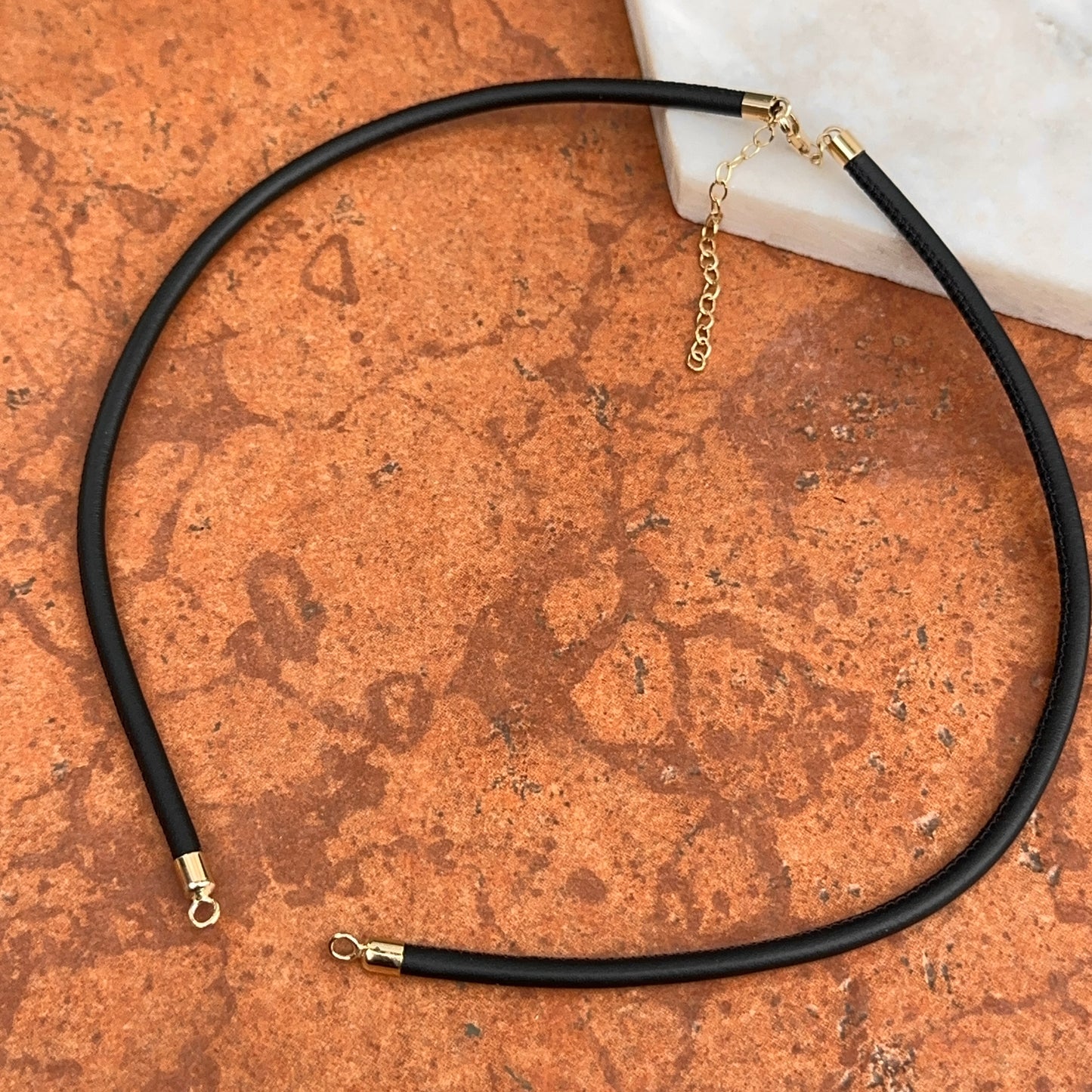 14KT Yellow Gold Black Leather Cord Necklace  17"- 19" Open Center for Pendant
