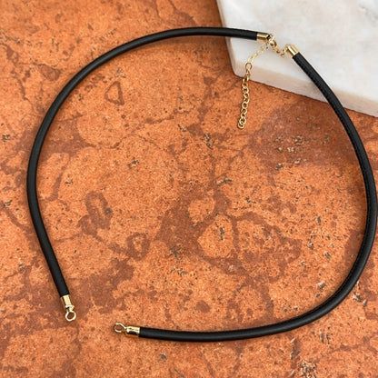 14KT Yellow Gold Black Leather Cord Necklace  17"- 19" Open Center for Pendant