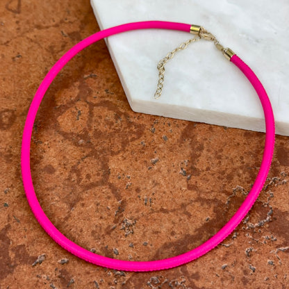 14KT Yellow Gold 3mm Hot Pink Leather Cord Necklace