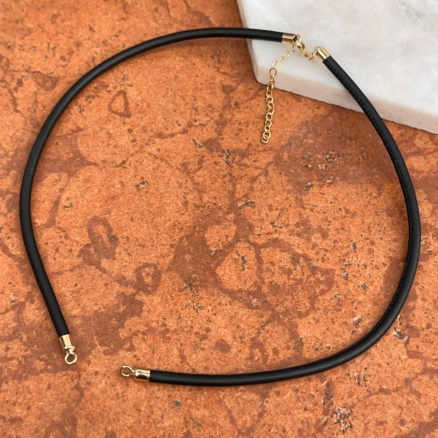 14KT Yellow Gold Black Leather Cord Necklace  17"- 19" Open Center for Pendant