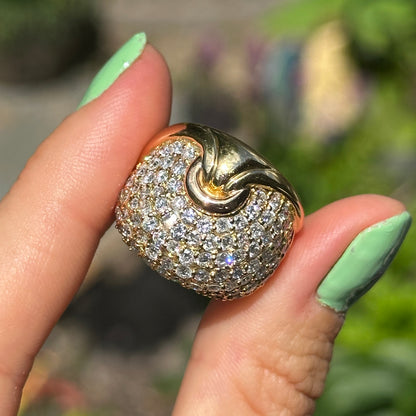 Estate 18KT Yellow Gold & Pave Diamond Cigar Band Dome Ring