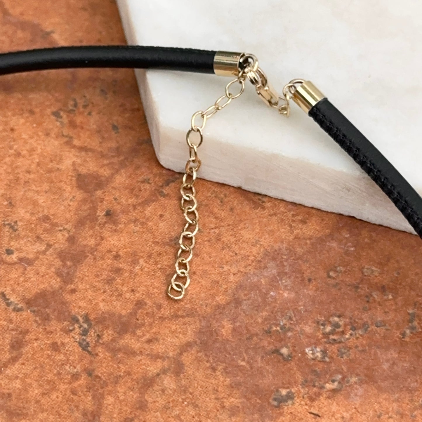 14KT Yellow Gold Black Leather Cord Necklace  17"- 19" Open Center for Pendant